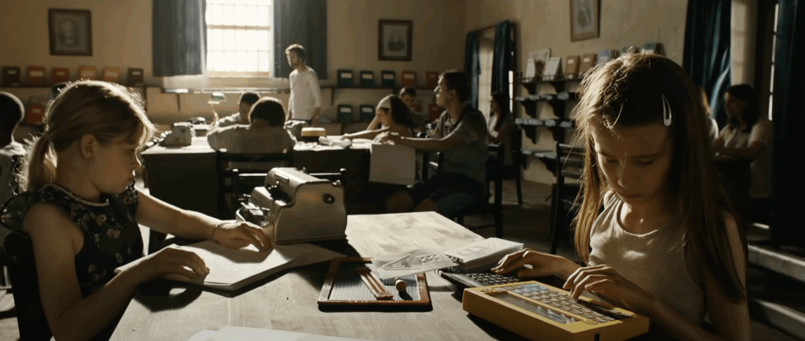 Kadr z filmu "Imagine". Na ujęciu widać klasę uczniów niewidomych. Na pierwszym planie przy stole siedzą dwie dziewczynki. Jedna dotyka przycisków kalkulatora, druga czyta napis w Brajlu. Na stole też stoi maszyna Brajlowska i leżą szablony liter. W Dalszym planie widać inne dzieci coś robiące przy stołach.