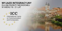 Grafika z tekstem na białym tle: „Wyjazd integracyjny dla młodzieży niewidomej w wieku 16-21 lat. Niżej logo ICC, a białe tło płynnie zamienia się w pejzaż uniwersytetu, jest rzeka i dużo zieleni.