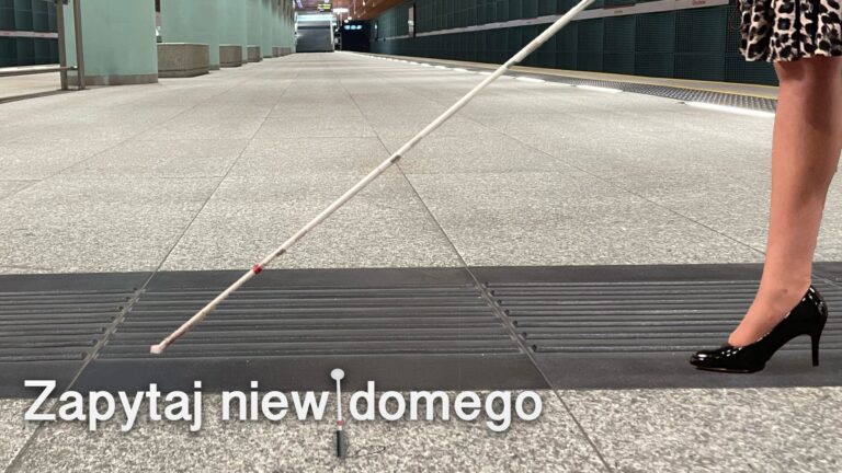 Wnętrze stacji metra. Na pierwszym planie znajduje się biała laska na ścieżce prowadzącej, obok laski widać kobiecą nogę w bucie na wysokim obcasie, kobieta ma na sobie sukienkę w panterkę. U dołu obrazka napis Zapytaj Niewidomego.