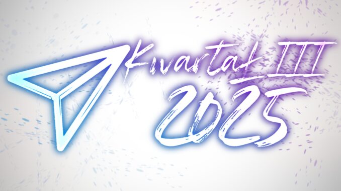 Na białym tle w stylu street art samolocik i napis „Kwartał III 2025.” Rysunek sprawia wrażenie narysowanego sprayem i wygląda trochę jak graffiti na ścianie, jednocześnie przez swoje niebiesko-fioletowe akcenty przypomina neon.