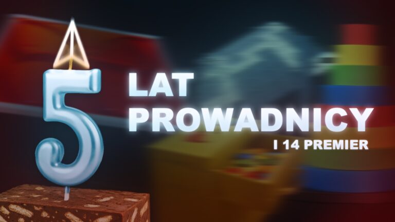 Niebieska świeczka w kształcie cyfry 5 ustawiona na kawałku ciasta z orzechami. Na górze świeczki płomień ma kształt trójkąta. Po prawej stronie jasny, świecący napis: 5 LAT PROWADNICY I 14 PREMIER Tło tworzą rozmyte obiekty przypominające elementy opisywanych w artykule gier i pomocy edukacyjnych.