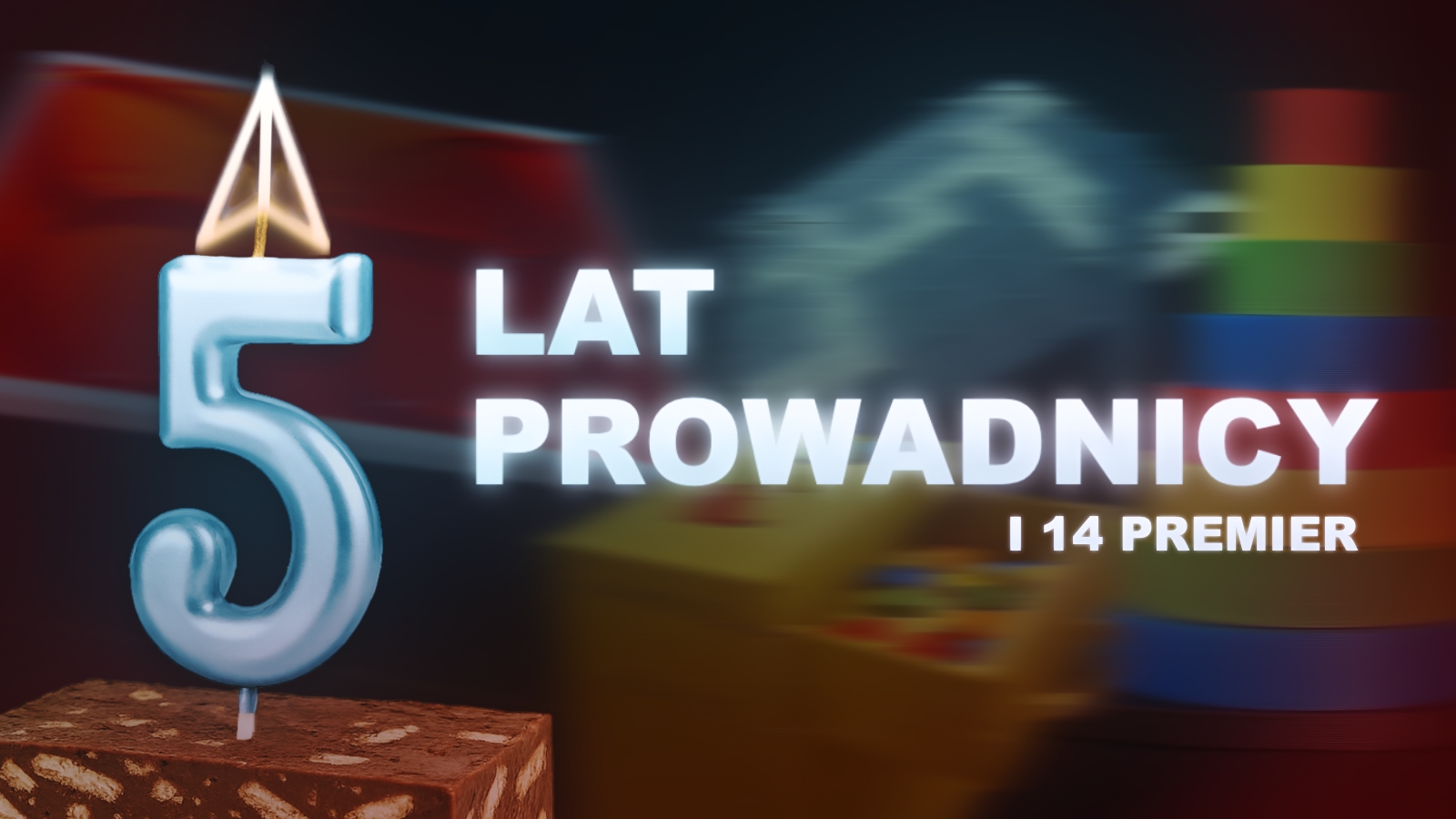 Niebieska świeczka w kształcie cyfry 5 ustawiona na kawałku ciasta z orzechami. Na górze świeczki płomień ma kształt trójkąta. Po prawej stronie jasny, świecący napis: 5 LAT PROWADNICY I 14 PREMIER Tło tworzą rozmyte obiekty przypominające elementy opisywanych w artykule gier i pomocy edukacyjnych.