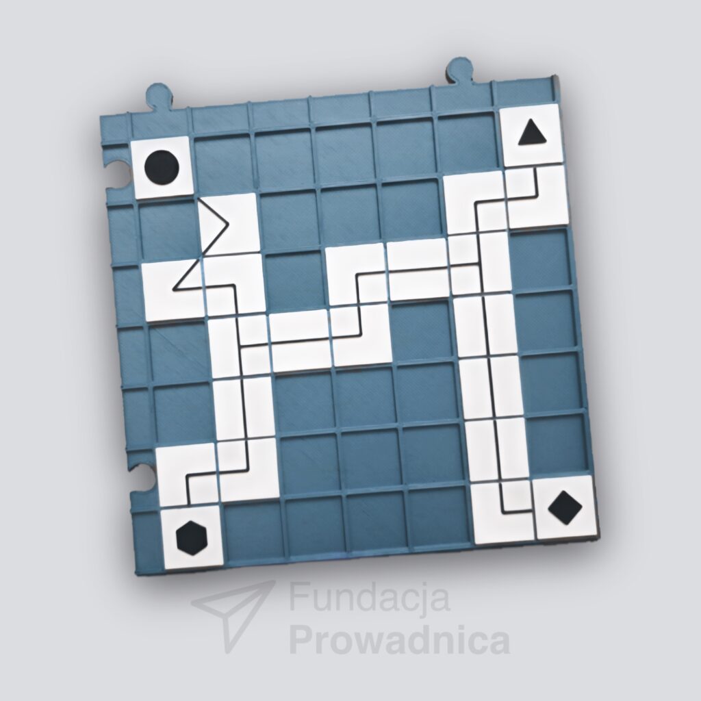 Tablica do nauki orientacji przestrzennej, a na niej figury geometryczne i elementy, z których można zbudować łączącą je drogę. Wśród tych elementów znajdują się: linia prosta, zakręt prosty, zakręt skośny i rozwidlenie dróg