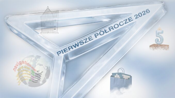 Samolocik, czyli logo Fundacji Prowadnica , umieszczony pośrodku jasnego, niebiesko-białego nieba. Niebo jest pokryte obłokami, ale widać przebłyski fundacyjnoniebieskości, a samolocik zrobiony jest z materiału przywodzącego na myśl przezroczystą żywicę, taką, z jakiej drukujemy niektóre nasze modele. Na górnym boku logo biegnie napis: „PIERWSZE PÓŁROCZE 2026”, zapisany wielkimi, niebieskimi literami. Wewnątrz logo widać delikatny, szkicowy rysunek budynku z wieżyczką na dachu. W lewym dolnym rogu obrazu znajduje się półprzezroczysta kula ziemska, a na niej kolorowy napis „navigation-main” oraz drobny tekst wyglądający jak fragmenty stylów CSS, np. „font-size: 16px !important; letter-spacing: 0px !important;”. Po prawej stronie, w górnej części, stoi niebieska świeczka w kształcie cyfry „5” wbita w kawałek bloku czekoladowego; świeczka ma płomień w kształcie samolocika. Niżej po prawej jest fundacyjnoniebieska torba zakupowa z uchwytami, z której wystają rzeczy takie jak nasza układankowa klepsydra czy piętnastka; wokół torby unoszą się jasne „mgiełki”. Cała kompozycja ma lekko rozmyty, chłodny, futurystyczny charakter, z przewagą odcieni błękitu, bieli i żywicy.