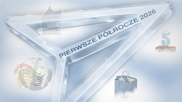 Samolocik, czyli logo Fundacji Prowadnica , umieszczony pośrodku jasnego, niebiesko-białego nieba. Niebo jest pokryte obłokami, ale widać przebłyski fundacyjnoniebieskości, a samolocik zrobiony jest z materiału przywodzącego na myśl przezroczystą żywicę, taką, z jakiej drukujemy niektóre nasze modele. Na górnym boku logo biegnie napis: „PIERWSZE PÓŁROCZE 2026”, zapisany wielkimi, niebieskimi literami. Wewnątrz logo widać delikatny, szkicowy rysunek budynku z wieżyczką na dachu. W lewym dolnym rogu obrazu znajduje się półprzezroczysta kula ziemska, a na niej kolorowy napis „navigation-main” oraz drobny tekst wyglądający jak fragmenty stylów CSS, np. „font-size: 16px !important; letter-spacing: 0px !important;”. Po prawej stronie, w górnej części, stoi niebieska świeczka w kształcie cyfry „5” wbita w kawałek bloku czekoladowego; świeczka ma płomień w kształcie samolocika. Niżej po prawej jest fundacyjnoniebieska torba zakupowa z uchwytami, z której wystają rzeczy takie jak nasza układankowa klepsydra czy piętnastka; wokół torby unoszą się jasne „mgiełki”. Cała kompozycja ma lekko rozmyty, chłodny, futurystyczny charakter, z przewagą odcieni błękitu, bieli i żywicy.