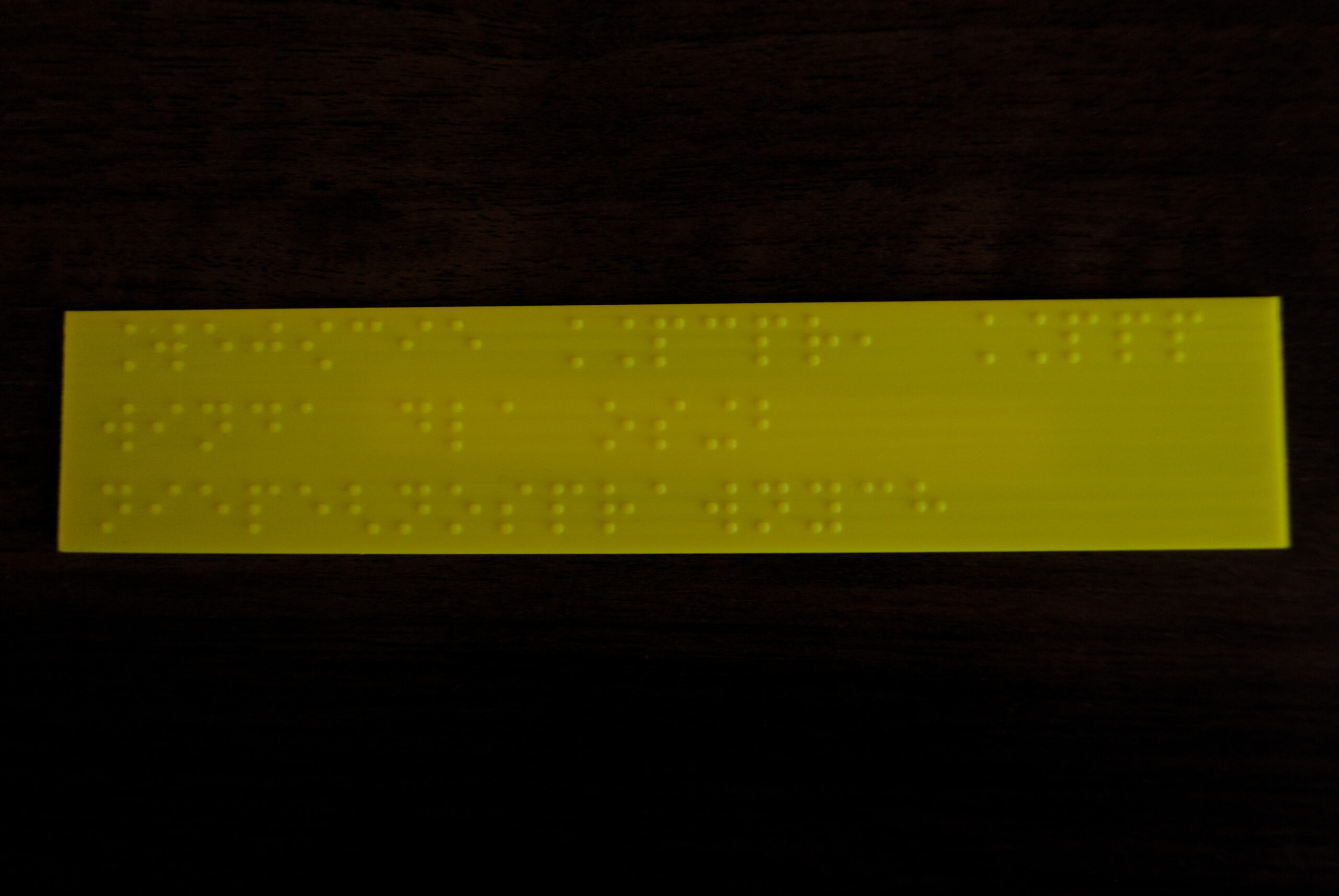 Tabliczka z żółtego PLA, z brajlowskim napisem "Wejście PCPR, PPP, Winda dla osób niepełnosprawnych"