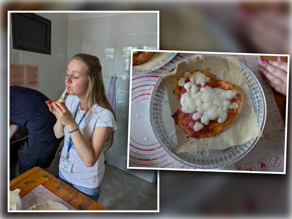 Kolarz dwóch zdjęć: na jednym Ola je pizzę z ciągnącym się serem, na drugim zbliżenie na pizzę w kształcie serduszka na stole.